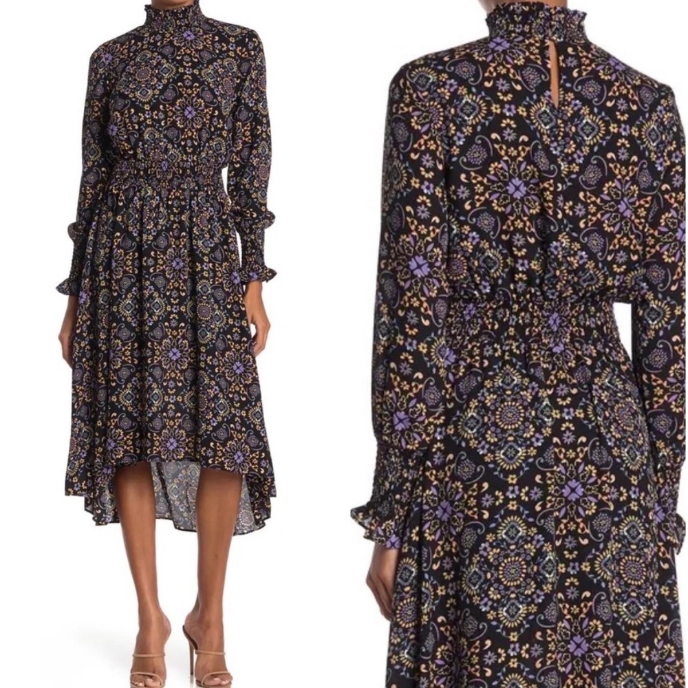 Nanette Lepore Womens Smocked Mock Neck High Low Floral Midi Dress Black